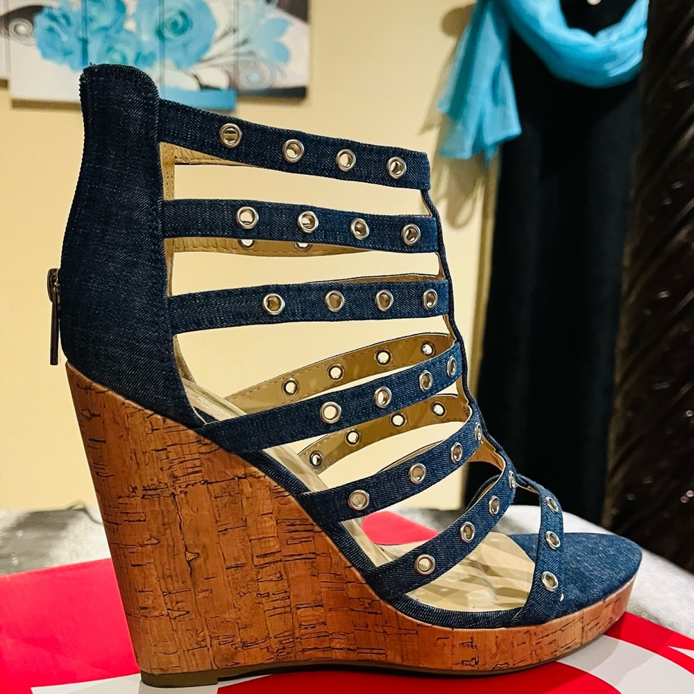 Denim wedge wide width shoe